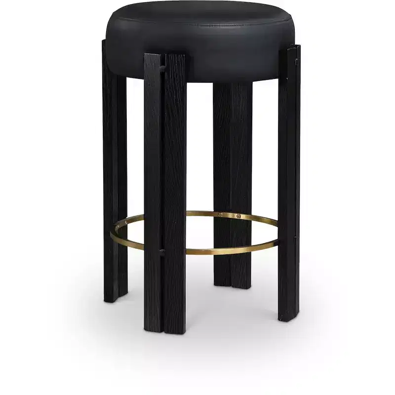 Black Vegan Leather Backless Counter Stool with Brushed Brass Footrest