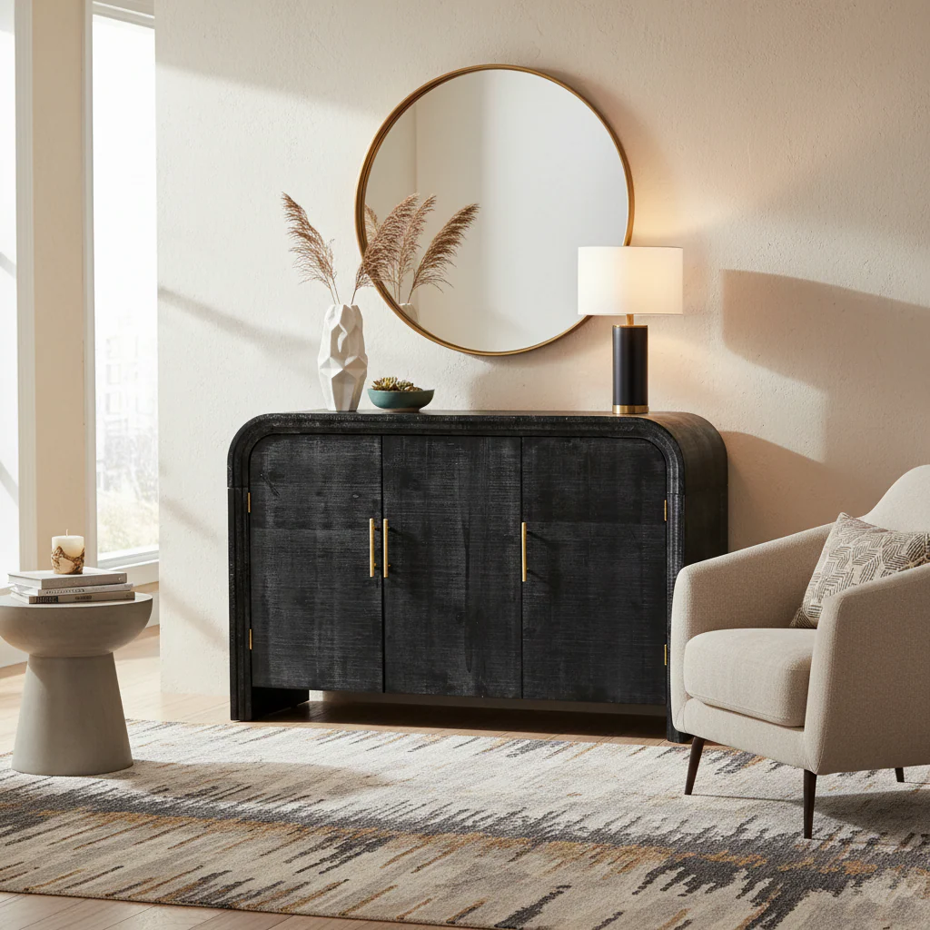Curved 2-Door Sideboard with Gold Linear Pulls – Natural Wood Wash / Antique Black, MDF & Fir Veneer, Distressed Finish
