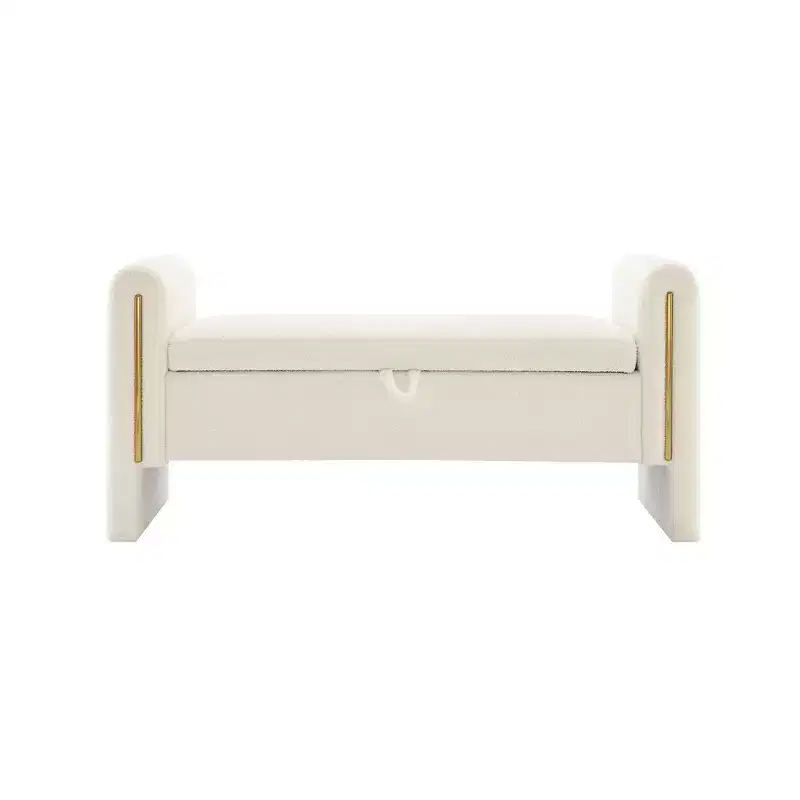 Modern Bed End Bench with Arms and Storage, Upholstered Large Foot Rest Stool, Comfy Window Vanity Bench for Living Room, Cream