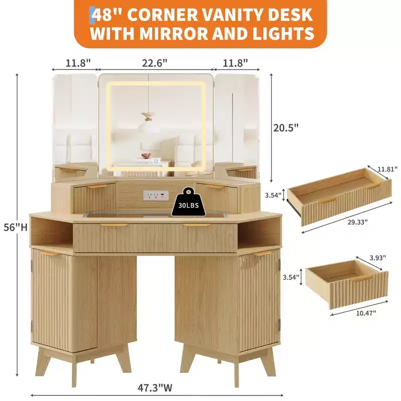 48 in Fluted Makeup Vanity Desk, Large Lighted Corner Vanity with HD Triple Mirror and Lights, Dressing Table