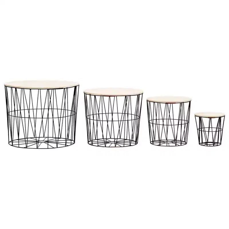 vidaXL - Vintage Charm 4 Piece Coffee Table Set, Black Metal Frame with Solid Wood Top, Space Saving Nesting Tables, Converts to Storage Baskets