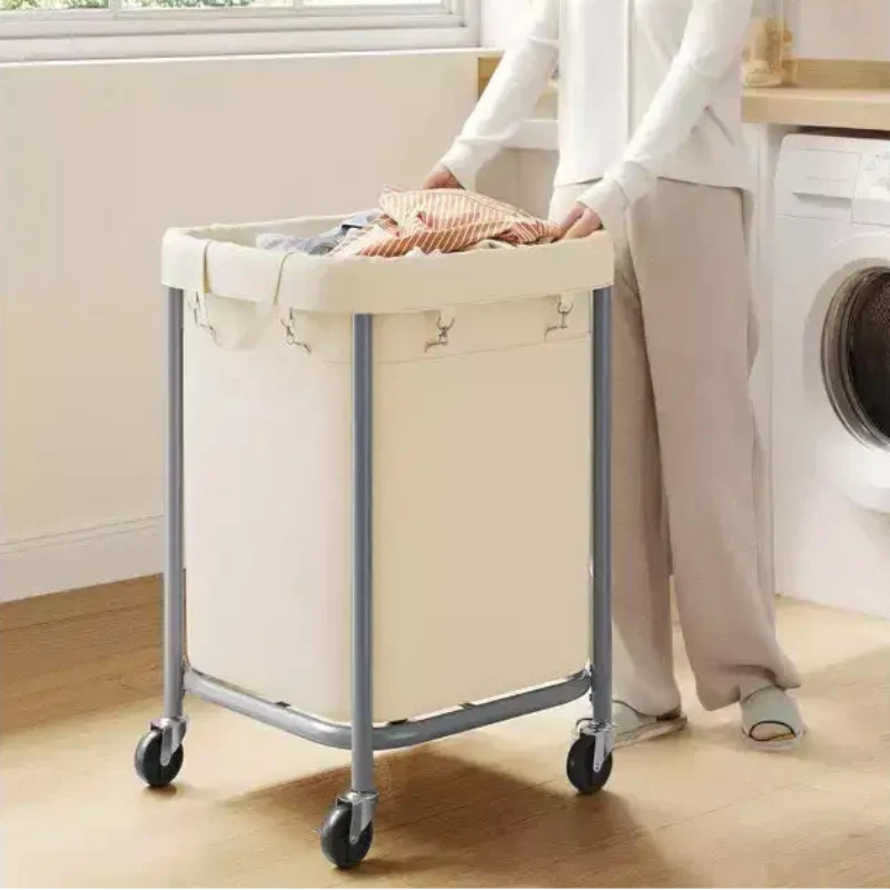 45-Gallon (170 L) Laundry Basket with Wheels, with Steel Frame and Removable Bag, 2 Locking Wheels, Cream White and Metallic Silver