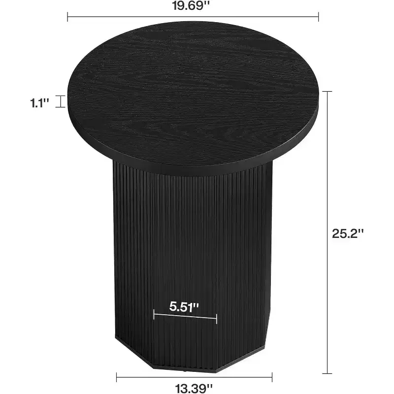 Round End Table, Farmhouse Pedestal Side Table, Fluted Wooden Nightstand Drink Stand for Living Room, Bedroom,Black