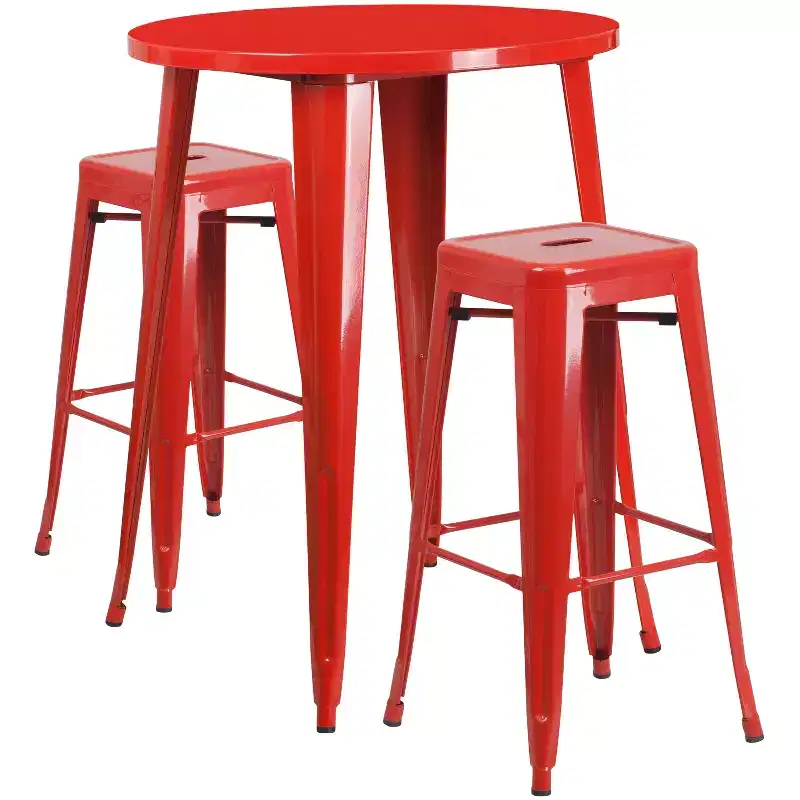 Emma and Oliver Commercial Grade 30 Round Metal Indoor-Outdoor Bar Table Set, 2 Backless Stools