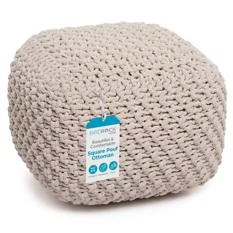 BirdRock Home Square Pouf Foot Stool Ottoman for Living Room & Bedroom - Natural