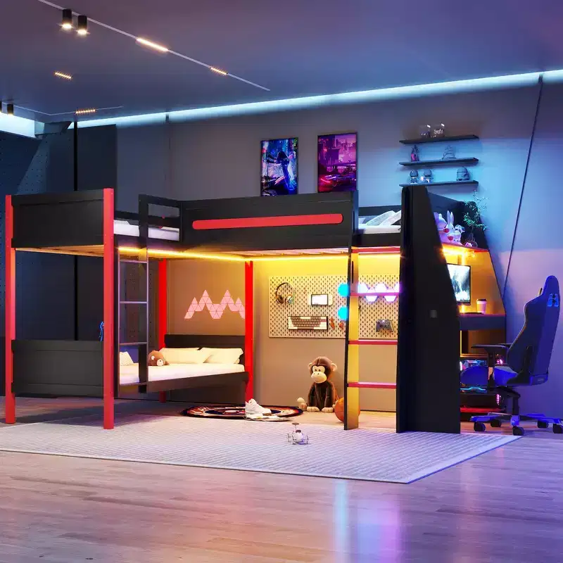 Whisen Twin Size L-Shaped Bunk Bed with Twin Size Gaming Loft Bed Frame, Built-in Desk, Shelves - Black & Red