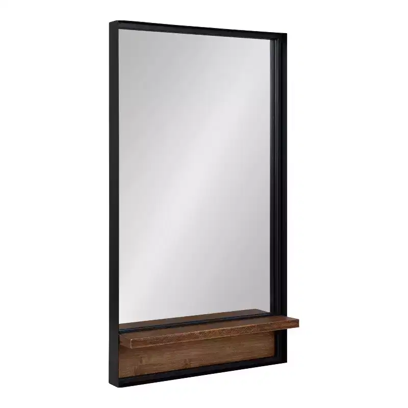 Rectangle Wall Mirror with Wood Shelf, Rustic Brown & Black Metal Frame, 20