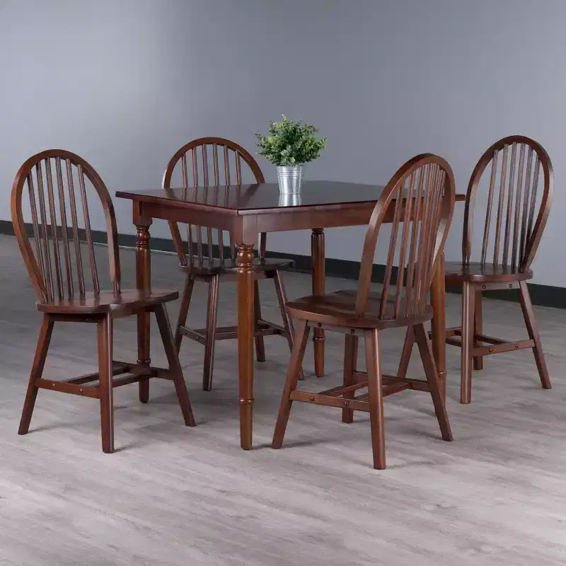 5pc Dining Table Set Walnut - Solid Wood, Farmhouse Style, Seats Four