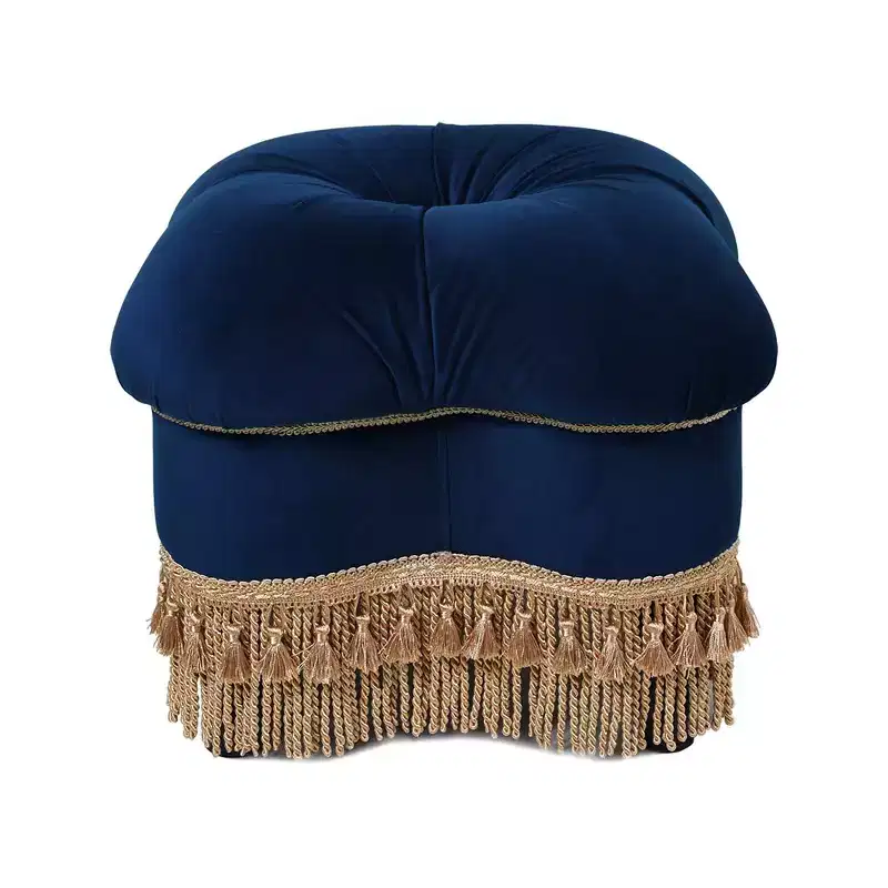 Jennifer Taylor Home Ellen Upholstered Clover Ottoman with Gold Bullion Fringe, Navy Blue Velvet