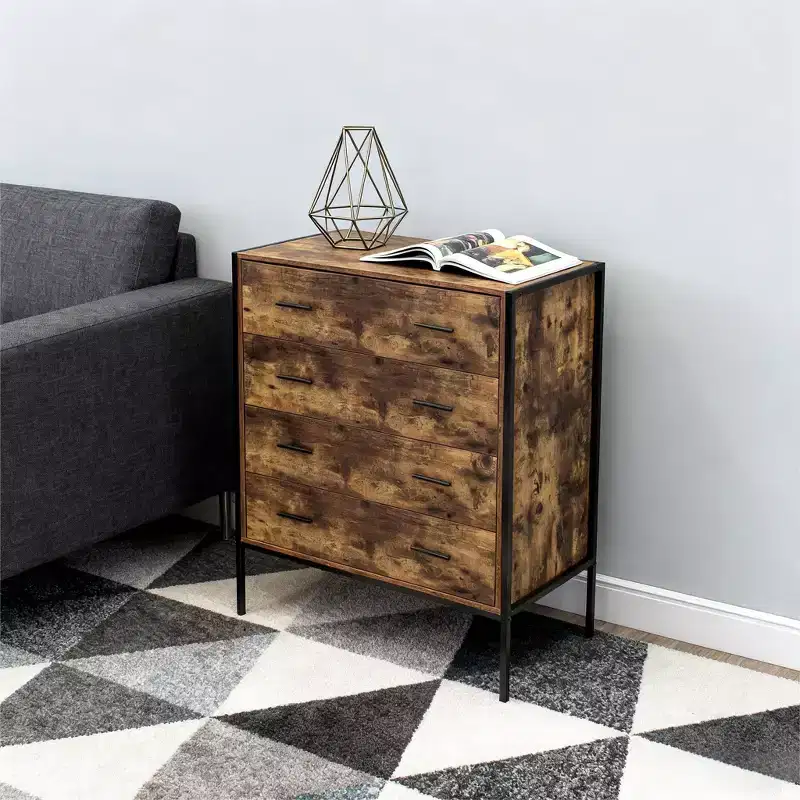 4-Drawer Industrial Style Dresser, Rustic Brown MDF Wood Storage Chest with Sturdy Steel Frame, Clothes Organizer Cabinet for Bedroom Living Room