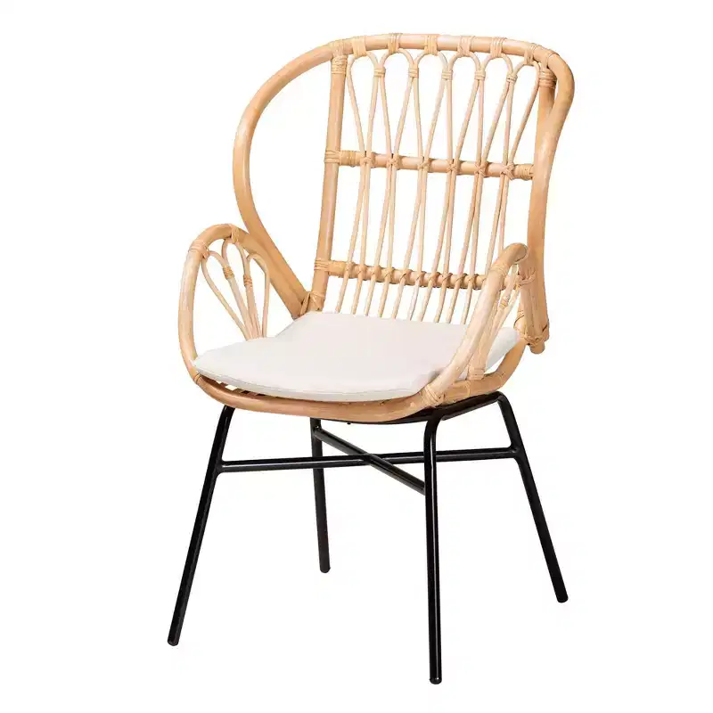 Rattan and Metal Chair Natural/Brown, Bohemian Style, Plush Cushion, Sturdy Crisscross Base, Armless, Spot Clean