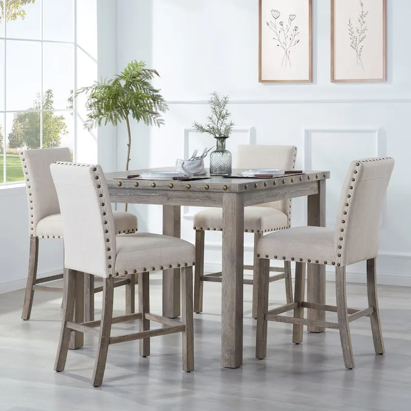 Morden Fort Farmhouse Style 5-piece Square Bar Table Set, 4 Upholstered Counter Stools with Bar Table Dining Set