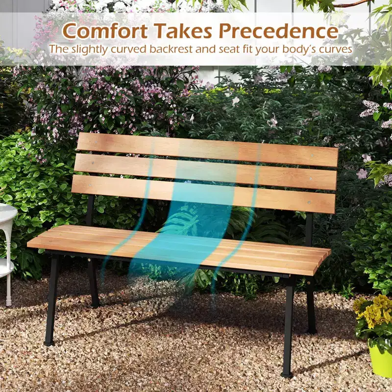 Costway Acacia Wood Patio Loveseat with Heavy Duty Metal Frame, Slatted Backrest and Seat Natural + Black