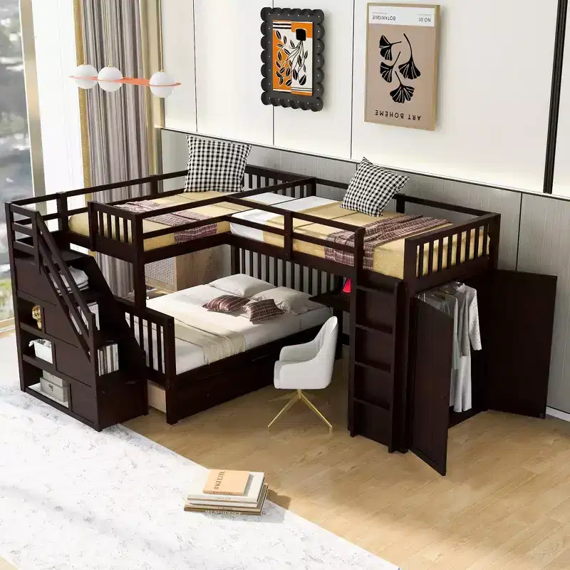Whisen Modern Design Twin over Full L-Shaped Bunk Bed With 3 Drawers, Portable Desk and Wardrobe