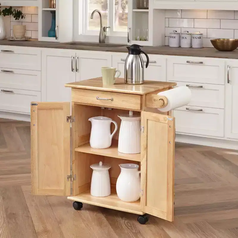 Small Kitchen Cart with Natural Wood Top, Brown - Hardwood, Casters, 1 Drawer, 2 Doors