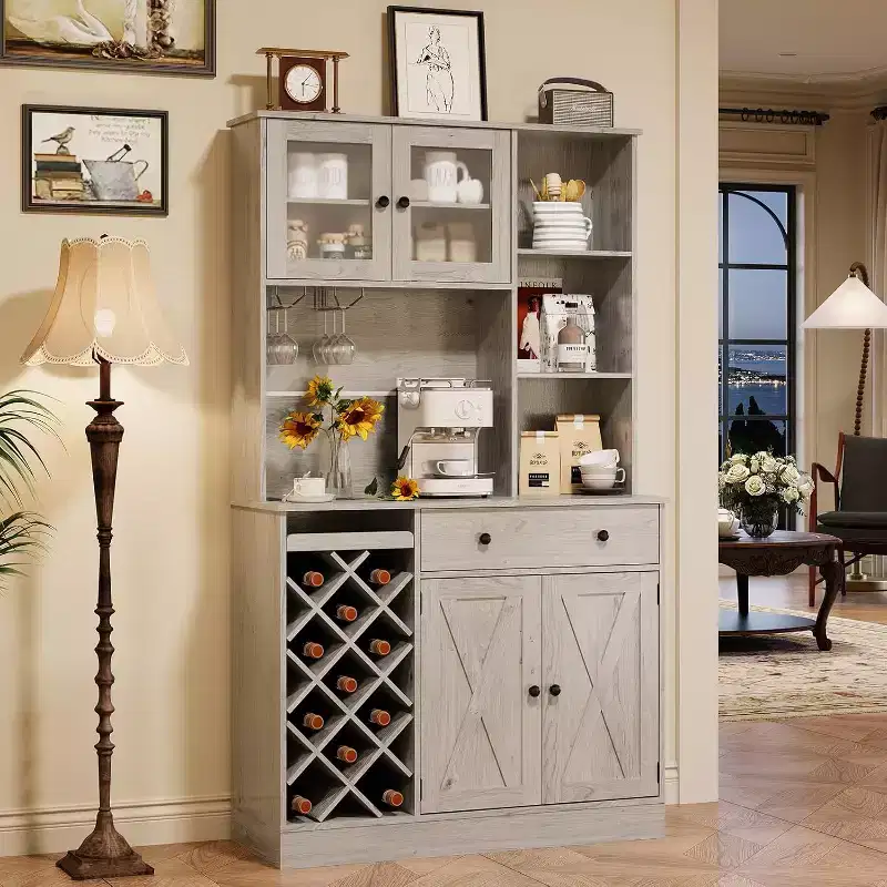 Coffee Bar Cabinet with Exquisite Barn Doors, Sideboard Buffet Cabinet with Wine Bottle Rack, Storage Cabinet for Kitchen,Dining Room