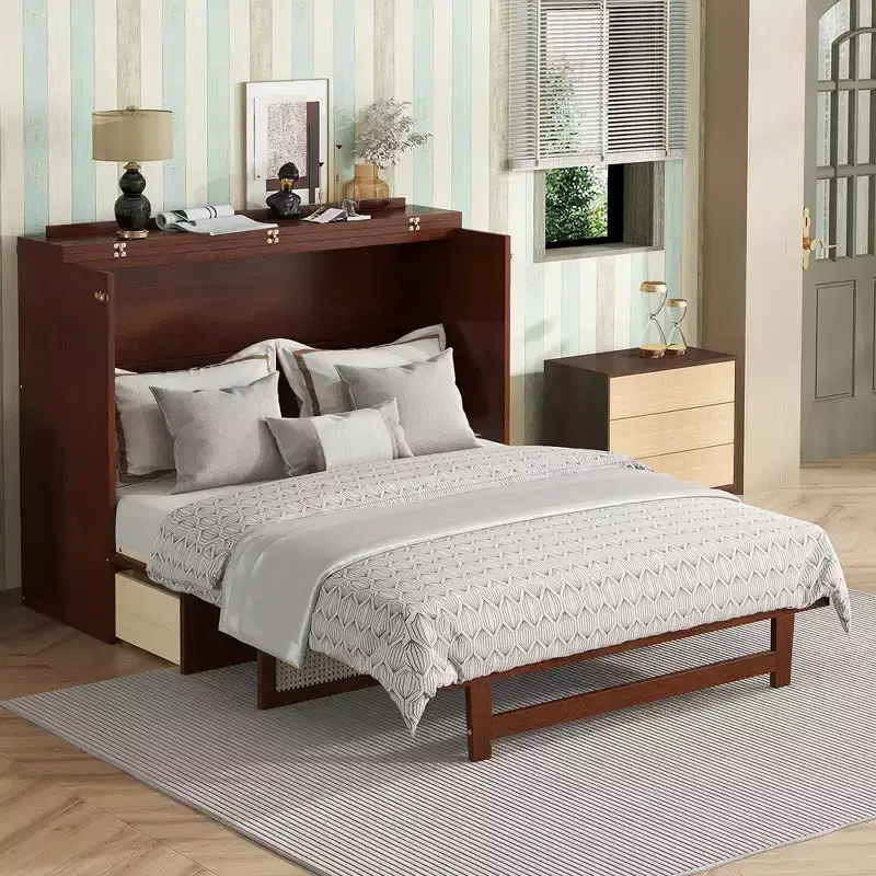 MAYEERTY Queen Size Murphy Bed, Pine Wood Cabinet Bed with Rattan Decoration and Storage Drawer Walnut
