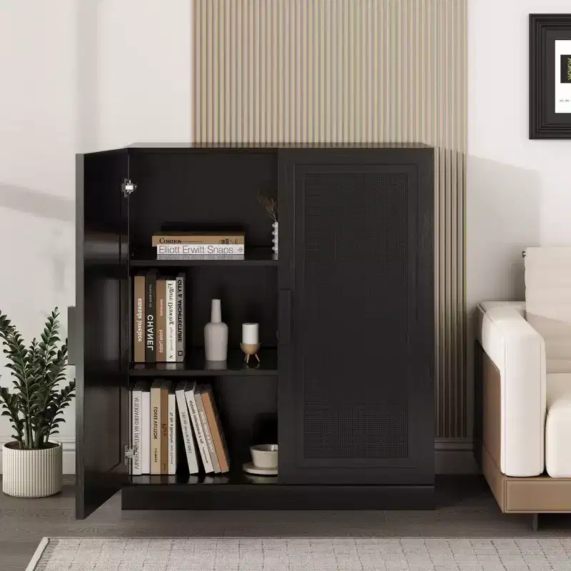 36x31x16 Rattan Wood Accent Cabinet with Adjustable Shelf Storage Cabinet Black