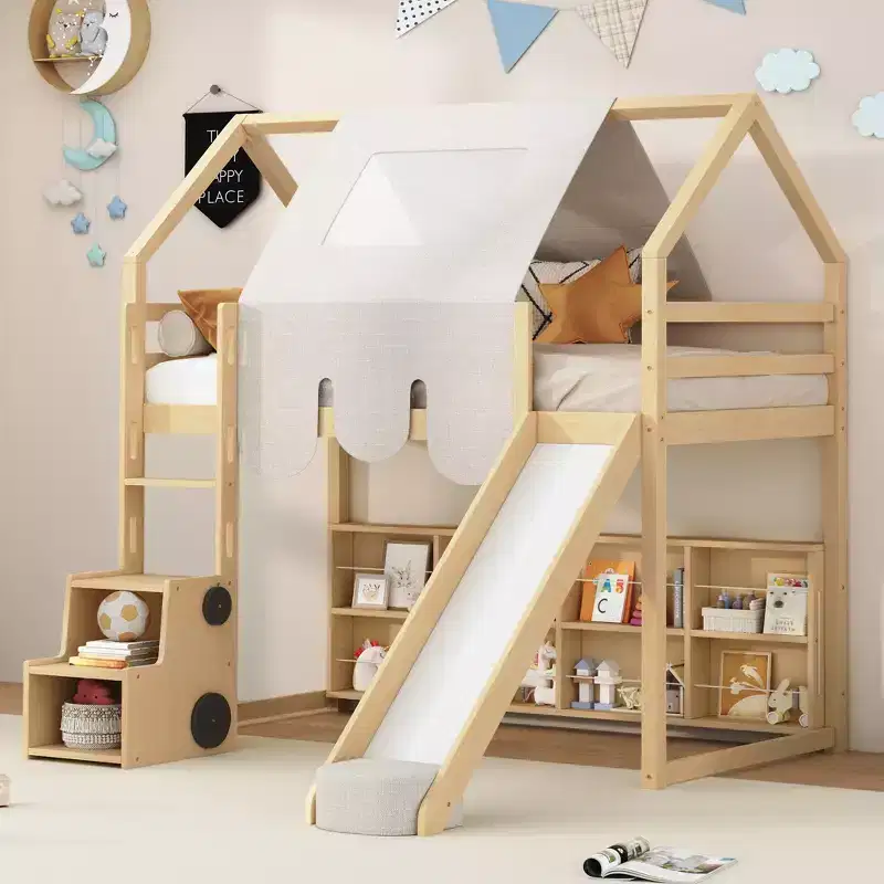 Twin/Full Size Loft Bed with House-shaped Frame, Tent and Storage Shelves, Natural/White-ModernLuxe