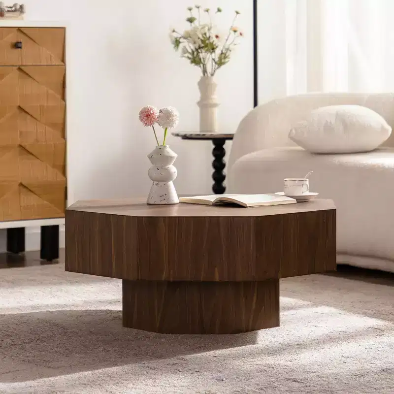 30.51 inch Octagonal-Shaped Walnut Coffee Table with Vintage Design for Living Room