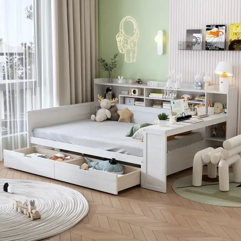 Multifunctional Daybed with Storage Shelves, Two Drawers and Built-in Study Desk