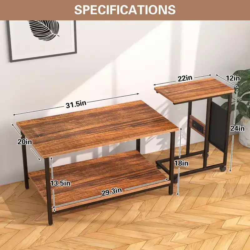 VECELO Nesting Coffee Table Set of 2, Adjustable Tables for Living Room, Nesting Table Set with USB Ports & Wheels, Brown