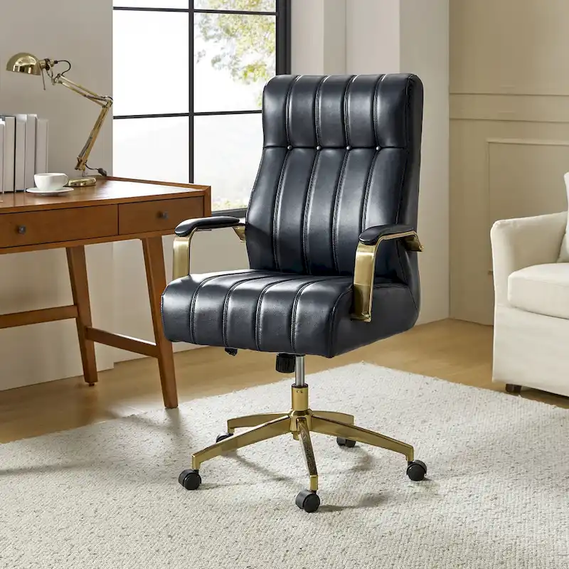 Mid-Century Modern Vegan Leather Swivel Tilting Office Chair with Channel Tufted and Metal Feet