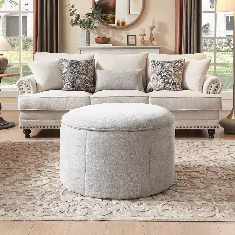 Large Round Storage Ottoman Coffee Table, Upholstered Chenille Footrest Ottoman Storage with Removable Top for Living Room, Bedroom