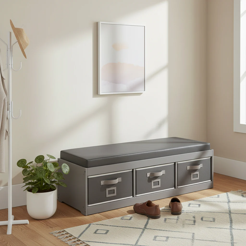Kids' Storage Bench with Cushion and Three Bins Gray
