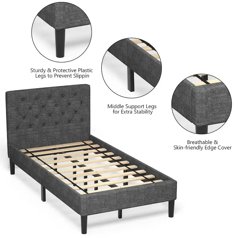 Costway Twin Upholstered Bed Frame Diamond Stitched Headboard Wood