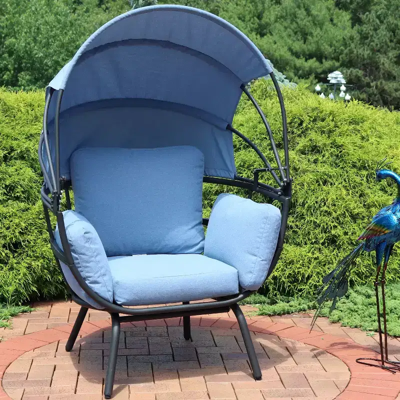 Sunnydaze Modern Luxury Patio Lounge Chair with Retractable Shade - Powder-Coated Aluminum Frame with Polyester Cushions and Canopy
