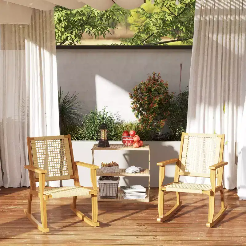 Outsunny Outdoor Rocking Chair Set of 2, Acacia Wood Outdoor Rockers with Wicker Back and Seat, Khaki