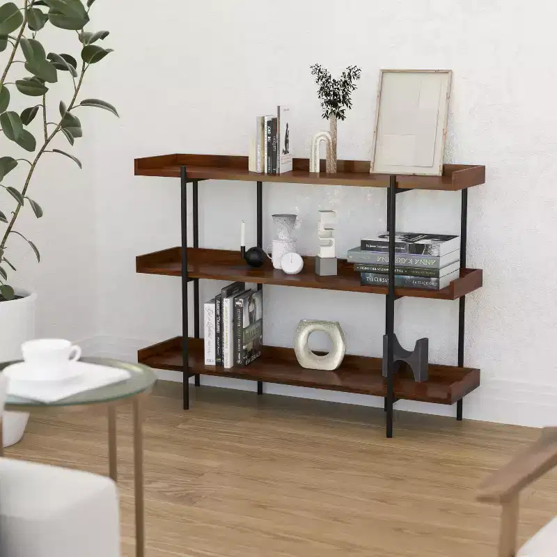 Merrick Lane Industrial Style Rustic Brown 3 Tiered Shelving Unit With Black Metal Frame and Raised Border - 35H