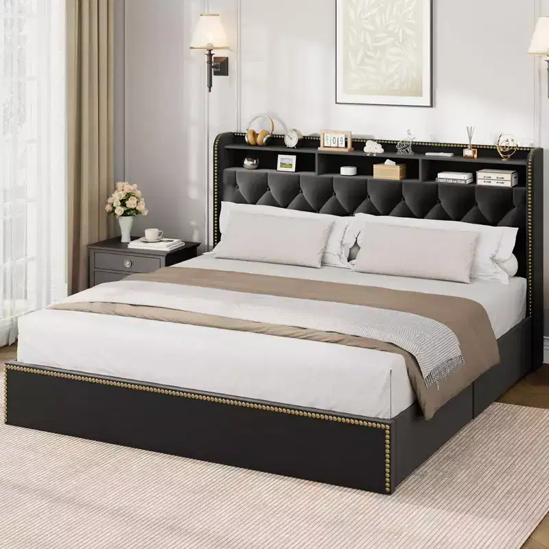 Coolmee Bed Frame with 4 Drawers, Upholstered King Platform with Headboard, Black, No Box Spring Needed, Wooden Slats Bed Frame