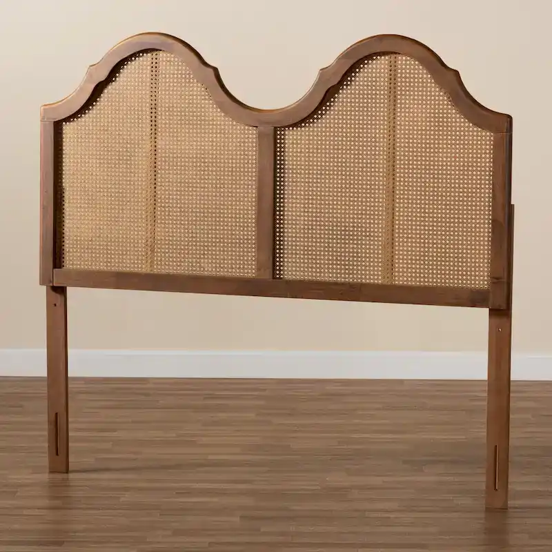 Ash Walnut Wood and Synthetic Rattan Arched Headboard