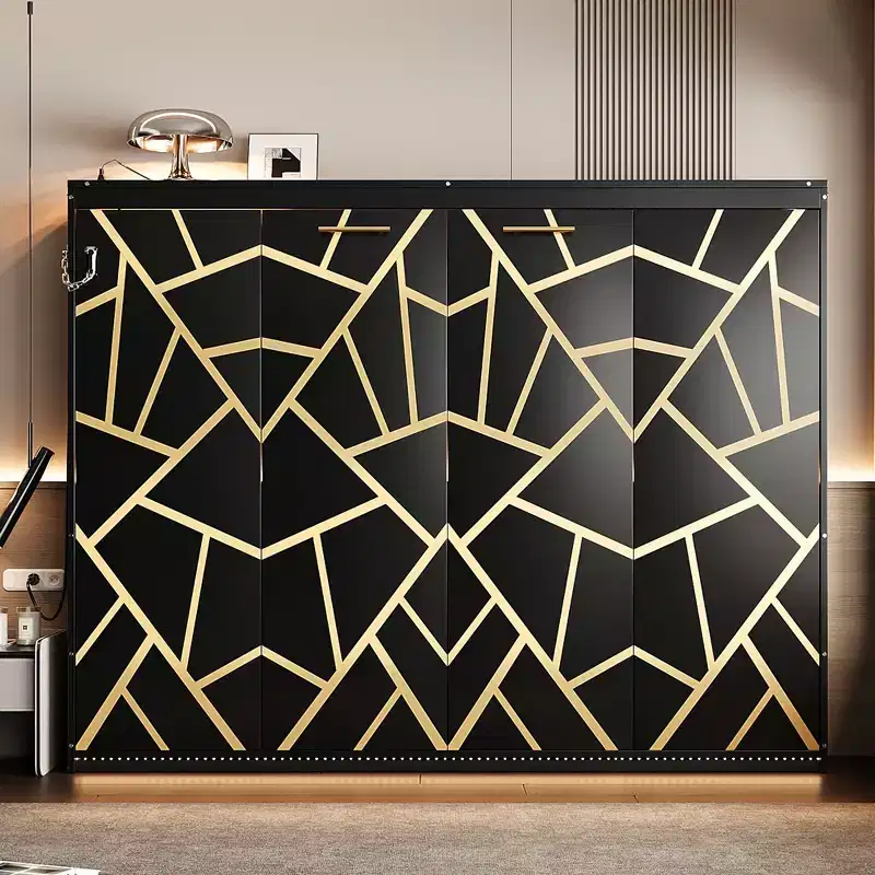 Modern Side-Folding Murphy Bed with Printed Panel, LED Lighting & USB Charging