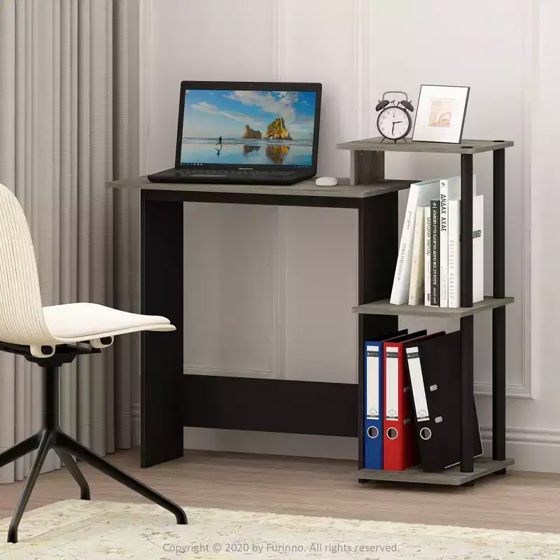 Modern Computer Desk with CPU Stand & Open Storage Bookshelf, Oak Grey/Black