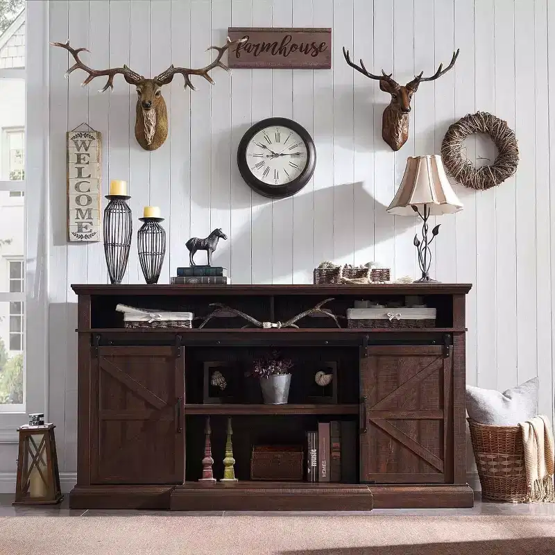 Farmhouse TV Stand for 80 TVs, 37 Tall Media Console with Sliding Barn Door, Storage Cabinets & Adjustable Shelves