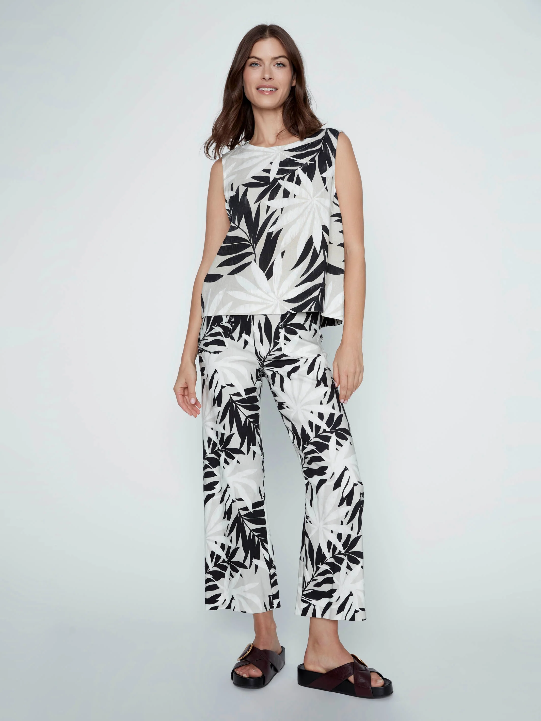 Printed Cropped Linen Blend Pants - Black & White Leaf Print