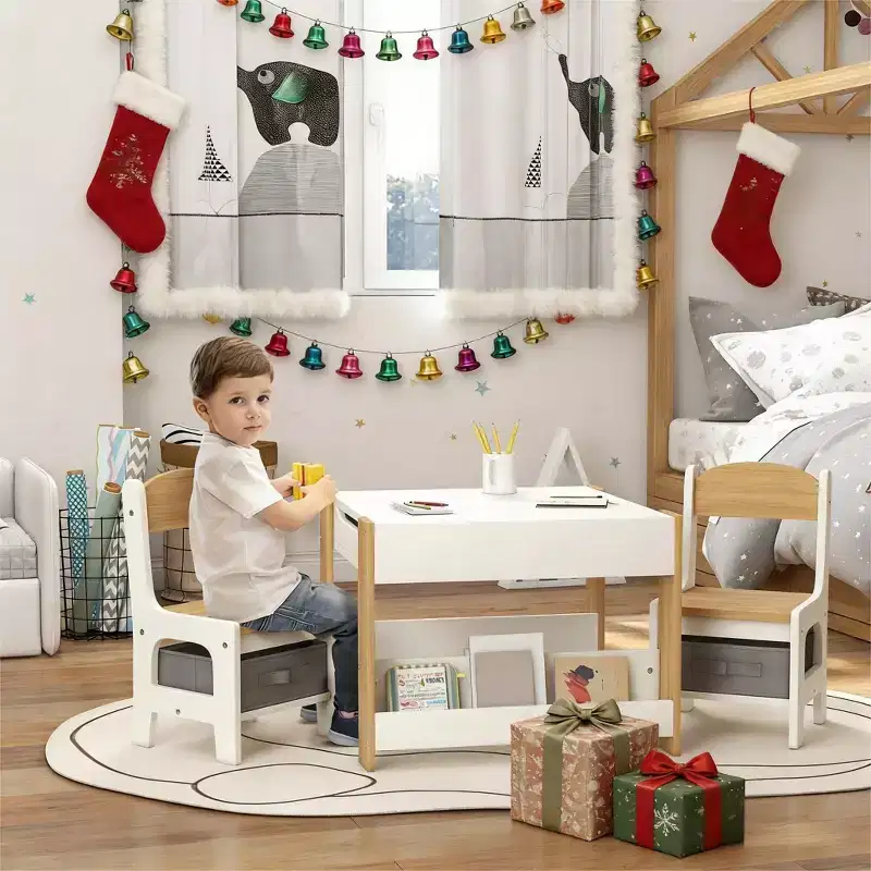 JVNOXK2-in-1 Toddler Desk and Chair Set with Flip-Over Blackboard, Storage & Bookshelf, 3-Piece Children's Desk and Chair Combination