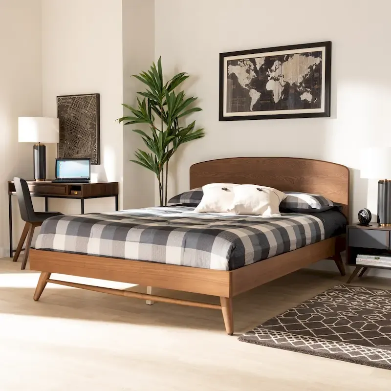 Mid-Century Modern Transitional Walnut Finished Platform Bed