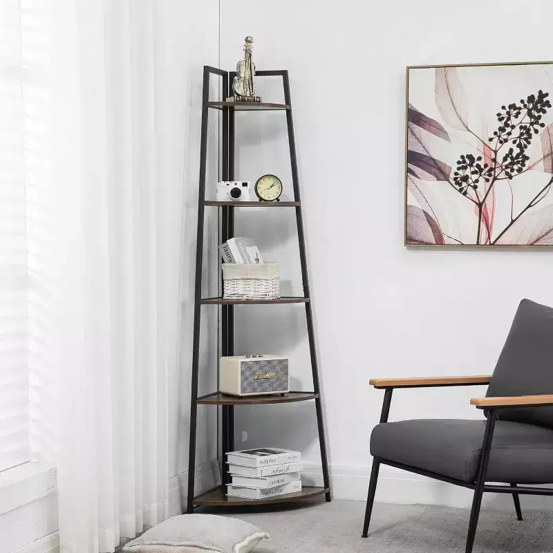 5-Tier Corner Shelf, Space-Saving Storage Rack with Rounded Edges, Metal Frame for Living Room Bedroom Kitchen Balcony, Easy Assembly