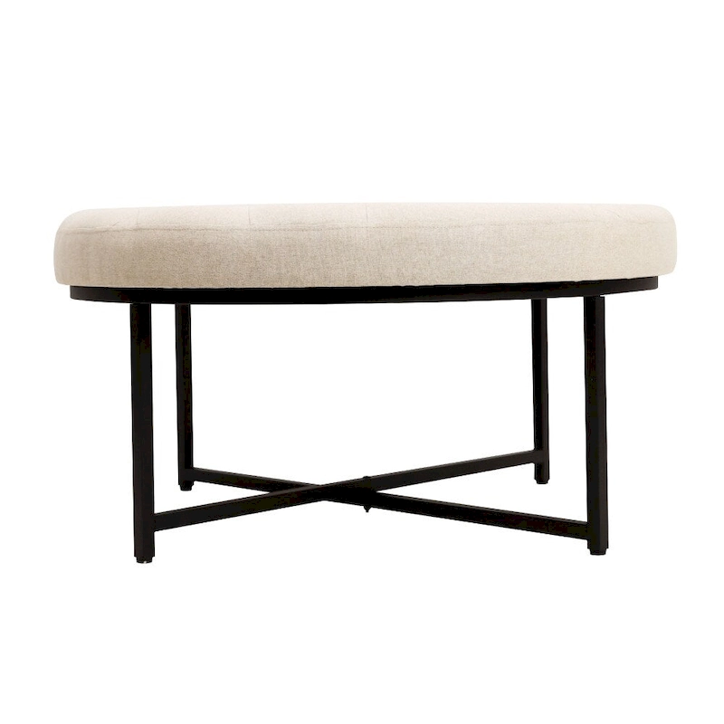 Tufted Round Cotton Linen Ottoman with Iron Frame
