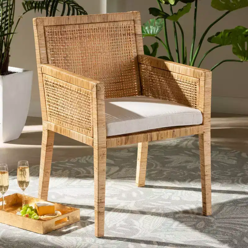 Wood and Rattan Armchair Natural/White