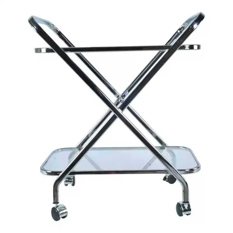 26 Silver Metal and Glass Rolling Bar Cart