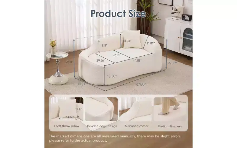 Compression Curved Chaise Longue, Modern Chenille Loveseat Couch with Deep Seat Sofa Bed, 1 Pillow - Milk White