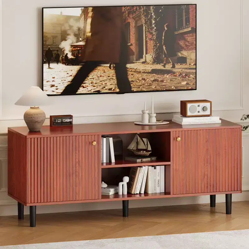 TV Stand Console, Wooden Fluted Media Console Table, Mid Century Entertainment Center with Adjustable Shelf and Storage for Bedroom Living Room