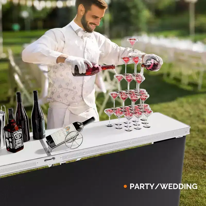 VINGLI 78 Portable Bar Table, 2-Tier Shelves, Mobile Bar Table for Events, Party, Camping, Picnic, Tradeshow, Indoor with Black Skirt