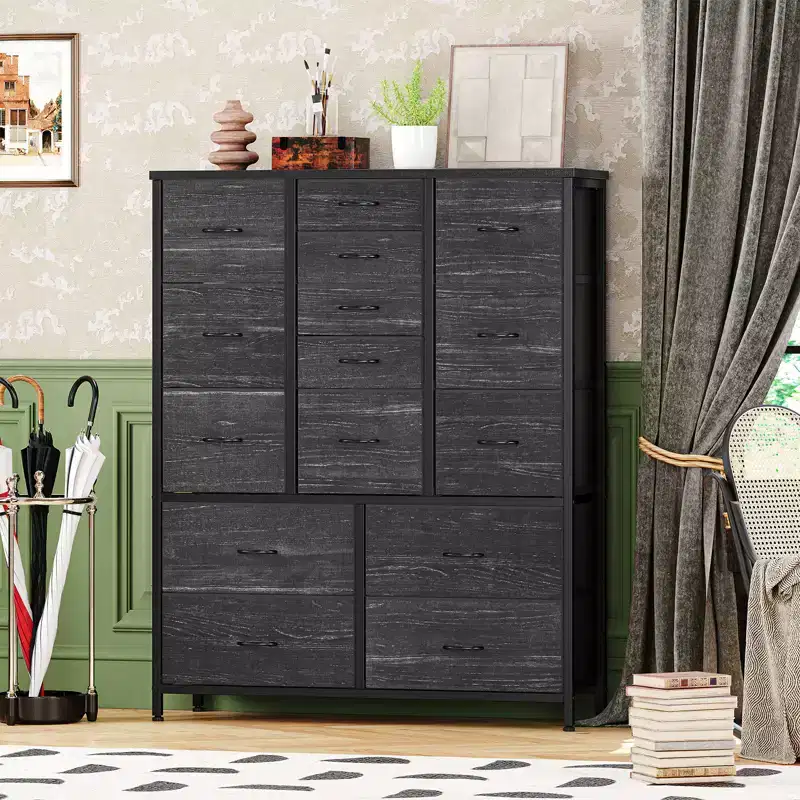 15-Drawer Dresser, Tall Storage Organizer with Metal Frame and Wood Tabletop, Fabric Chest of Drawers for Living Room, Multi-Functional Storage Unit