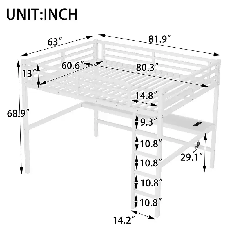 Bellemave Metal Queen Size Loft Bed with Power Outlet and LED Lighted, Space-Saving, Noise Reduced, White